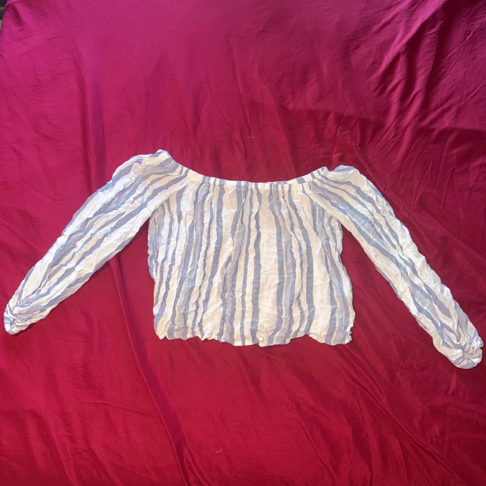 Forever 21 Off the Shoulder Top Womens M Blue White Striped Boho Coastal Blouse